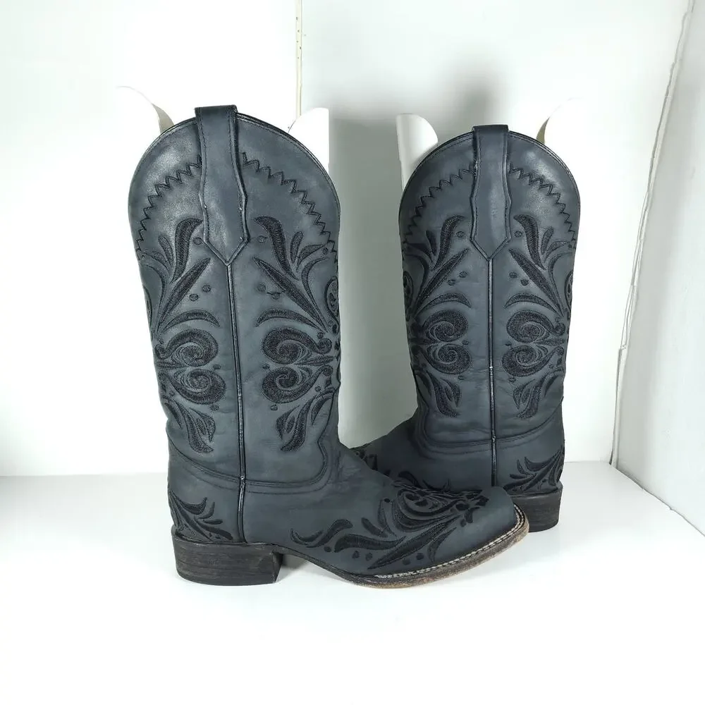 CORRAL Circle G Women’s US9M Black Distressed Leather Square Toe Western Boots
